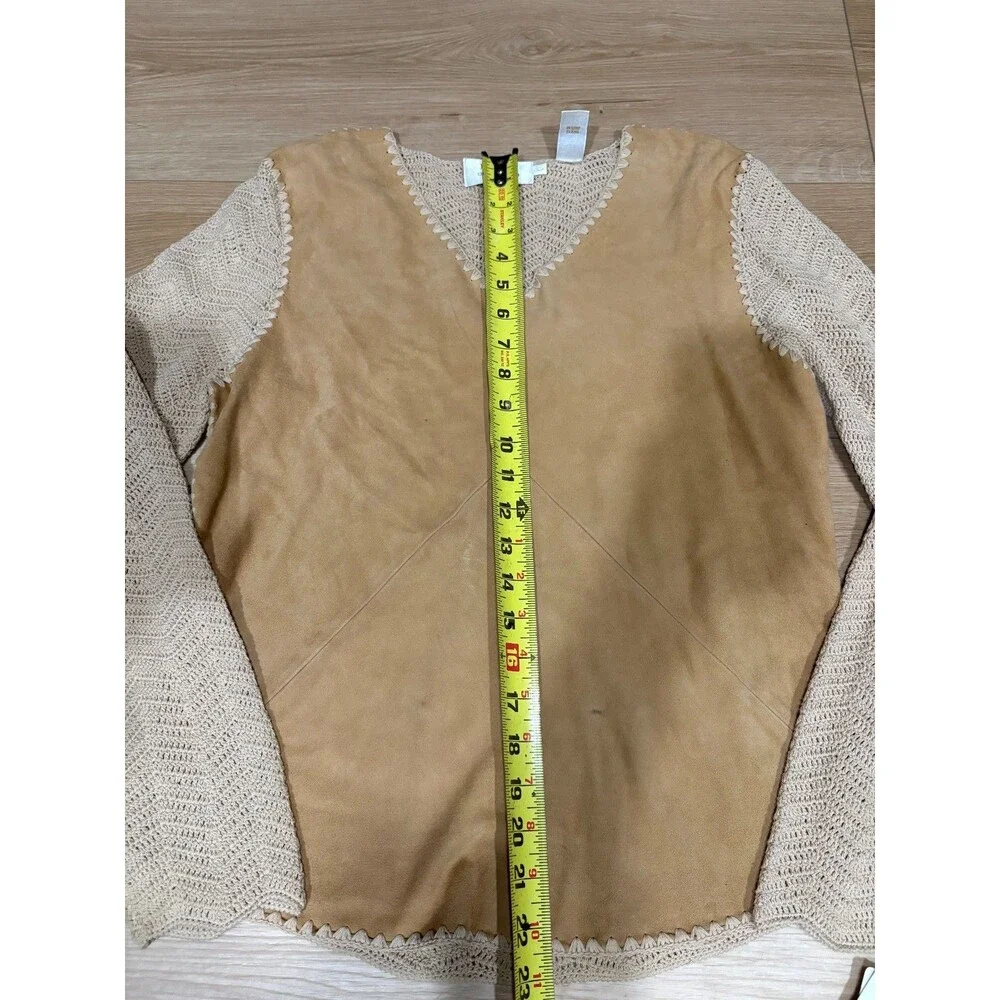 Dana Buchman Women's Suede & Crochet Knit V-Neck Sweater Top Tan Beige Size L